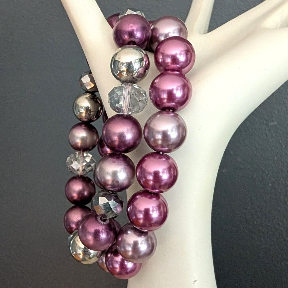 2 beaded stretch bracelets shades of metallic purple, silver and mirrored beads